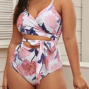 Plus floral print tie front one piece swimsuit